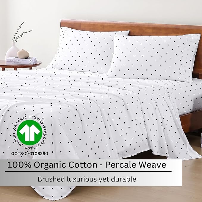 LANE LINEN 100% Organic Cotton Full Sheets Set 4-Piece Pure Percale Long Staple Bedding Breathable Fits Mattress Upto 15" Deep - Black Polka Dot - LeafyLoom