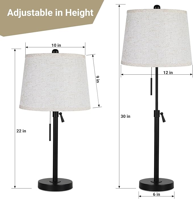 Table Lamps for Living Room Set of 2, Modern Bedside Lamps for Bedroom Height Adjustable Desk Lamp Dimmable Black Nightstand Lamps with Beige Lampshade, Pull Chain Table Lamp for Office Restaurant - LeafyLoom