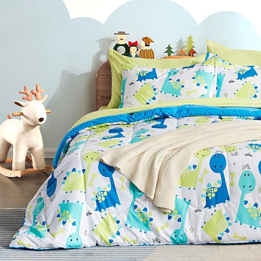 SLEEP ZONE Kids Bedding Comforter Set Full/Queen Size - Super Cute & Soft Kids Bedding 7 Pieces Set with Comforter, Sheet, Pillowcase & Sham (Cute Dino) - LeafyLoom