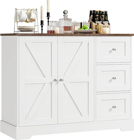 Farmhouse Buffet Cabinet with Storage, 41.3" Kitchen Cabinet with 3 Drawers and Shelves, Storage Cabinet or Kitchen, Home bar - LeafyLoom