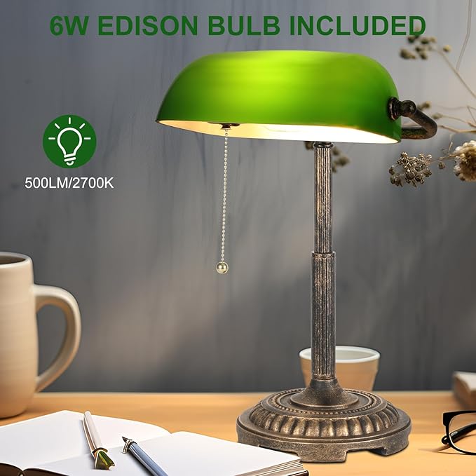 Bankers Lamp, Green Desk Lamp with Pull Switch, Vintage Table Lamps for Home Office, Library, Piano LED Bulb Included (Green) - LeafyLoom