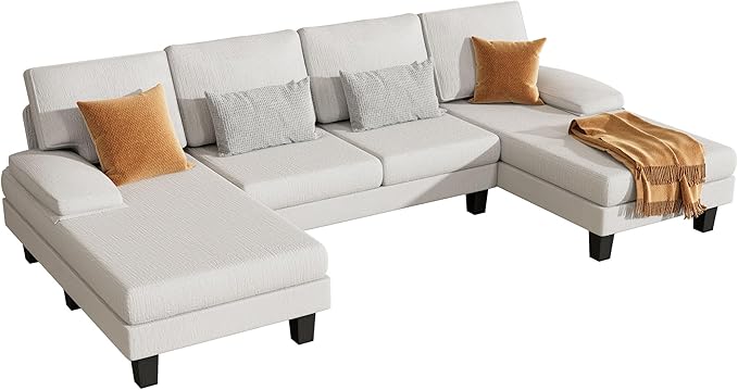 Sectional Couch Living Room Sets Chenille Fabric U-Shaped Sofa with Double Chaises, White - LeafyLoom