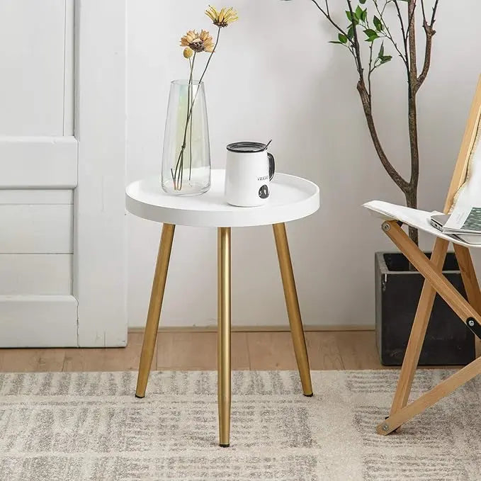 Round Side Table Wooden Tray Table with Metal Tripod Stand Nightstand Coffee Table End Table for Living Room Bedroom Office Small Spaces, 18" H x 15”D (White & Gold) - LeafyLoom