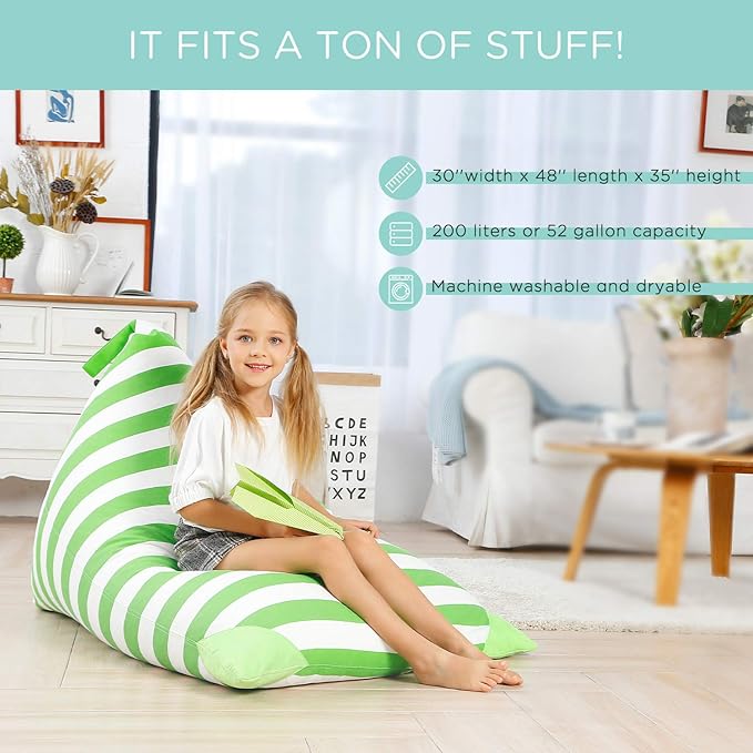 Aubliss Stuffed Animal Storage Bean Bag Chairs Cover, 50"x 35" Extra Large Bean Bags Chair for Kids & Adults, Beanbag Toy Storage for Boys Girls - Premium Cotton Canvas Green Stripe - LeafyLoom