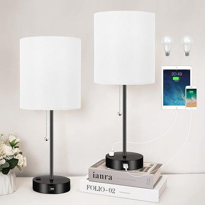 3 Color Temperature Bedside Table Lamps Set of 2, Modern Small Lamp with USB and Outlet, Bedroom Lamp for Nightstand with Chain Switch, White Desk Lamp for Living Room, Two Bulbs Included - LeafyLoom