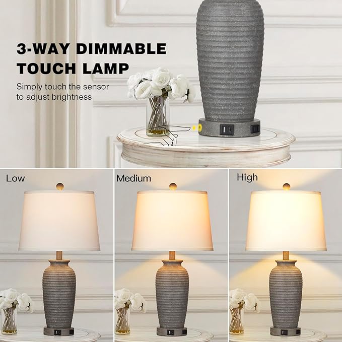 25" Farmhouse Jar Table Lamps Set of 2, 3 Way Touch Control Rustic Bedside Lamps with USB A+C Ports & AC Outlet, Pot Nightstand Lamps for Bedroom Living Room (LED Bulbs Included) - LeafyLoom