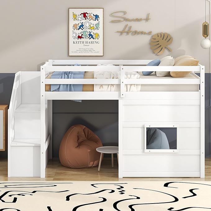 Twin Size Low Loft Bed with Storage Staircase,Kids Loft Bed Twin with Window,Space-Saving Low Loft Bed Frame for for Teens, Boys, Girls,White - LeafyLoom