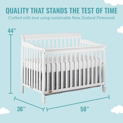 Dream On Me Ashton 4-In-1 Convertible Crib In White, Greenguard Gold, JPMA Certified, Non-Toxic Finishes, Features 4 Mattress Height Settings, Made Of Solid Pinewood - LeafyLoom