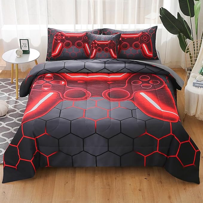 JQinHome Queen Gamer Comforter Set for Boys Girls Kids,6 Piece Bed in A Bag 3D Video Game Bedding -All Season Soft Microfiber Down Alternative Comforter Gamer Bedding Sets with Sheets （Red） - LeafyLoom