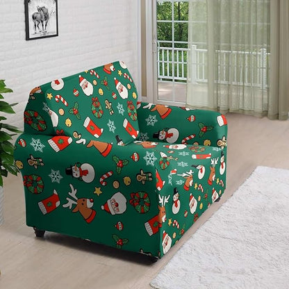 FKELYI Christmas Decorations Green Sofa Slipcover Santa Claus Stretch Sofa Couch Cover for Indoor Washable Furniture Protector with Elastic Bottom S FKELYI