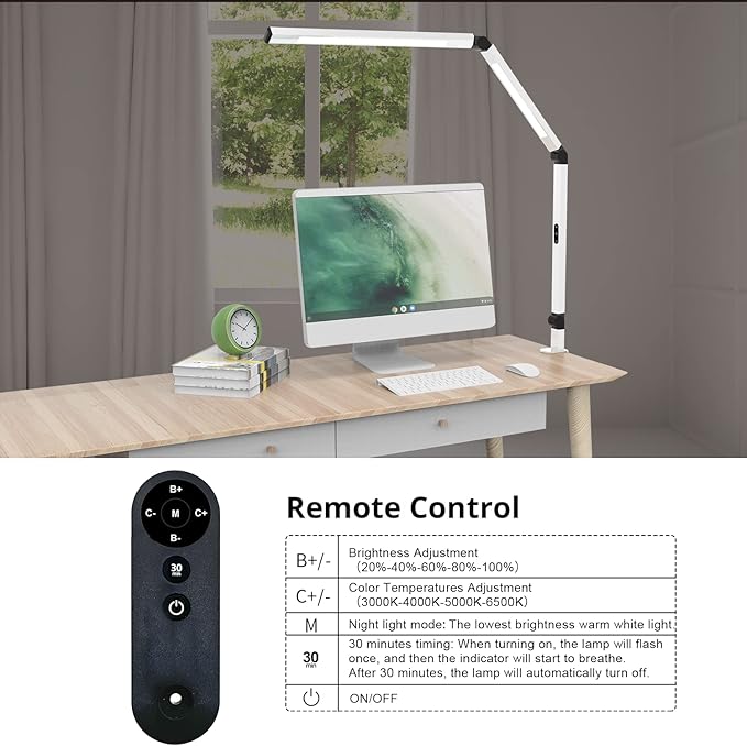 Micomlan LED Desk Lamp for Home Office, Architect Clamp Desk Lamp with Remote Control, Adjustable Swing Arm Clamp on Desk Light Clip-on Dual Light 5 Brightness Levels & 4 CCT Modes Table Light - LeafyLoom