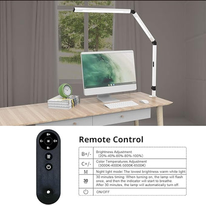 Micomlan LED Desk Lamp for Home Office, Architect Clamp Desk Lamp with Remote Control, Adjustable Swing Arm Clamp on Desk Light Clip-on Dual Light 5 Brightness Levels & 4 CCT Modes Table Light - LeafyLoom