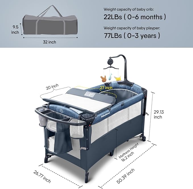 BabyBond Baby Bassinet Bedside Crib, Pack and Play with Sheet, Diaper Changing Table and Music Mobile from Newborn to Toddles, Portable Large Playard - LeafyLoom