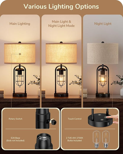 EDISHINE Farmhouse Table Lamp with Night Light, 22.84" Bedside Lamps Set of 2 with A+C USB Ports, 3 Way Dimmable Nightstand Lamp for Living Room, Bedroom, Home (Night Light Bulbs Included) - LeafyLoom