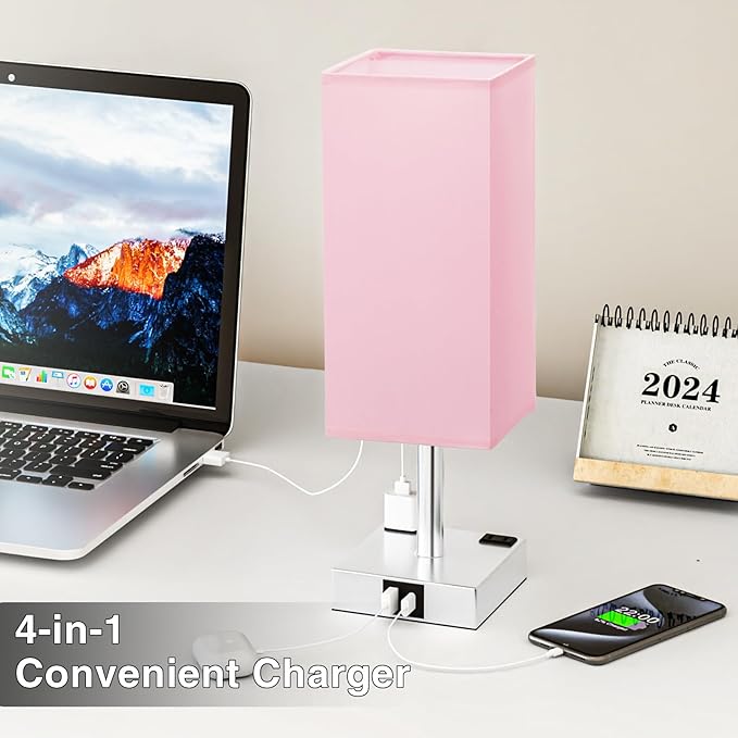 Touch Bedside Table Lamp For Nightstand - 3-Way Dimmable Night Lamp with USB A + Type C Charging Ports and two AC Outlets, Small Desk Light with E26 LED Bulb for Bedroom Living Room Dorm Office, PINK - LeafyLoom