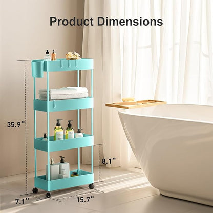 Pipishell Slim Storage Cart with Wheels, 4 Tier Bathroom Storage Organizer Rolling Utility Cart for Bathroom Kitchen Laundry Room Office Narrow Place (Turquoise) - LeafyLoom