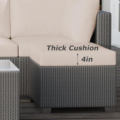 GAOMON 5-Piece Outdoor Patio Rattan Wicker Sofa Set, Pe Rattan Conversation Sectional with Thickened Back Cushion, Glass Tabletop, Ottoman - Ideal for Courtyard Space, Beige - LeafyLoom