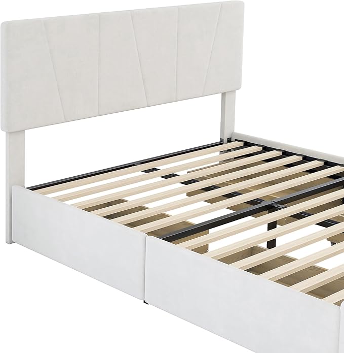 Full Size Upholstered Platform Bed Frame with 4 Storage Drawers and Adjustable Headboard, Wooden Slats Support, No Box Spring Needed, Beige - LeafyLoom