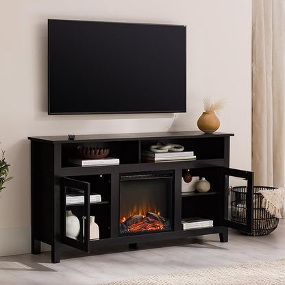 Walker Edison Glenwood Rustic Farmhouse Glass Door Highboy Fireplace TV Stand for TVs up to 65 Inches, 58 Inch, Black - LeafyLoom