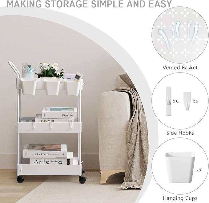 danpinera Slim Storage Cart, 3 Tier Slim Laundry Cart with Wheels Bathroom Cart Organizer with Hanging Cups Hooks Dividers Handle Mobile Rolling Art Cart for Bathroom Kitchen Narrow Places, White - LeafyLoom