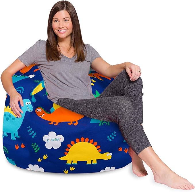 Posh Creations Bean Bag Chair for Kids, Teens, and Adults Includes Removable and Machine Washable Cover, Canvas Dinos on Blue, 48in - X-Large - LeafyLoom