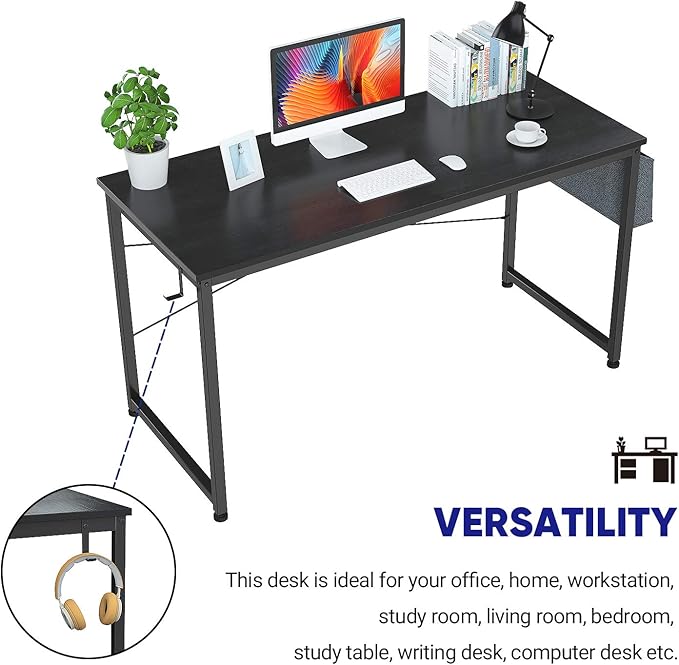 Foxemart Computer Desk 47" Office Desks Writing Study Desk Modern Simple PC Laptop Notebook Table with Storage Bag and Iron Hook for Home Office Workstation, Black - LeafyLoom