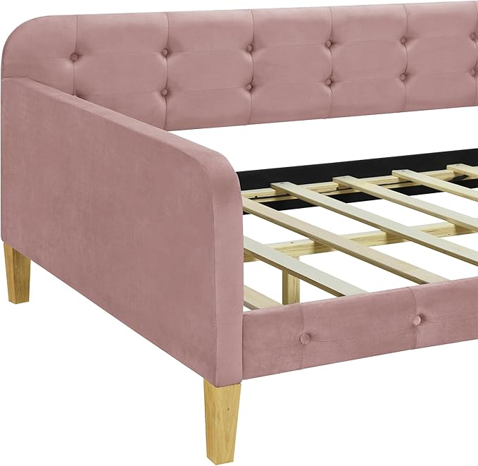 Twin Size Velvet Upholstered Dayed with 4 Support Legs,Multifunction Solid Wood Bed Frame,W/Backrest and Armrests,No Box Spring Needed,for Living Room Dormitory Apartment,Pink - LeafyLoom