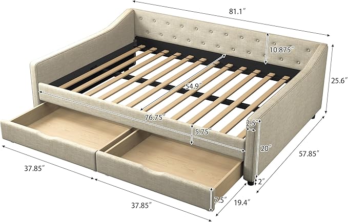 Full Size Daybed with Drawers, Linen Upholstered Tufted Sofa Bed Frame with Button on Back, Waved Shape Arms, Wooden Slats Support, Space-Saving for Apartment,Bedroom - LeafyLoom