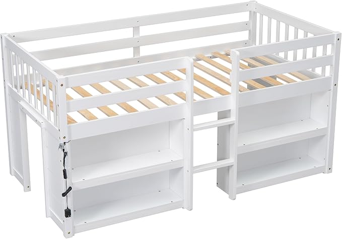 LED Twin Size Low Loft Bed for Kids,Twin Loft Bed with Storage Shelves,Kids Low Loft Bed Frame with LED Light,Space Saving, White - LeafyLoom