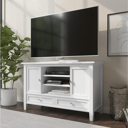 SIMPLIHOME Warm Shaker SOLID WOOD Universal TV Media Stand, 47 inch Wide, Transitional, Living Room Entertainment Center, Storage Cabinet, for Flat Screen TVs up to 55 inches in White - LeafyLoom