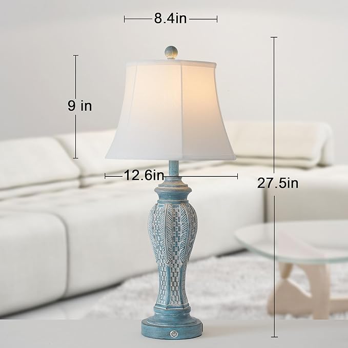 27.5'' Set of 2 Table Lamps for Living Room,Vintage Nightstand Bedside Lamps with 2-USB Charging Ports, Retro 3-Way Dimmable Touch Lamps for Nightstand Bedroom (2 Bulbs Includ Blue Washed) - LeafyLoom