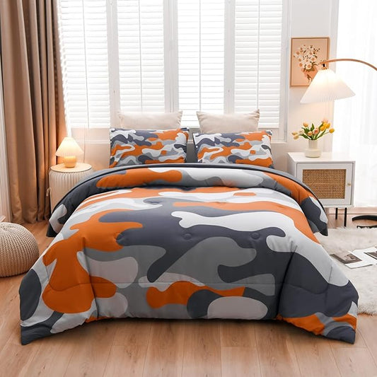 Meeting Story Camouflage Bedding Set, Colorful Pattern Style Comforter Set, 5 PCS One Comforter Two Pillowcases Two Sheets in One Bag, All Season Bedspread for Teens Adults (Orange, Full 5Pcs) - LeafyLoom