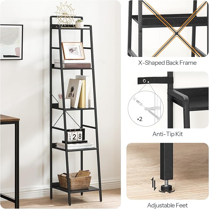 HOOBRO Bookcase, 5-Tier Narrow Bookshelf, Industrial Ladder Shelf, Skinny Bookshelf for Small Spaces, Corner Storage Shelf for Home Office, Living Room, Black BB35SJ01 - LeafyLoom