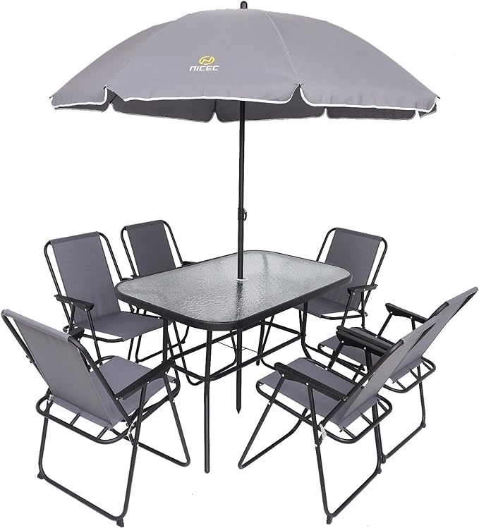 Nice C Outdoor Dining Sets, Patio Furniture Set, 8 Piece Set with Umbrella, Garden Outdoor Furniture Table Set with Tilted Removable Umbrella, Glass Table, and 6 Folding Chairs (Grey) - LeafyLoom