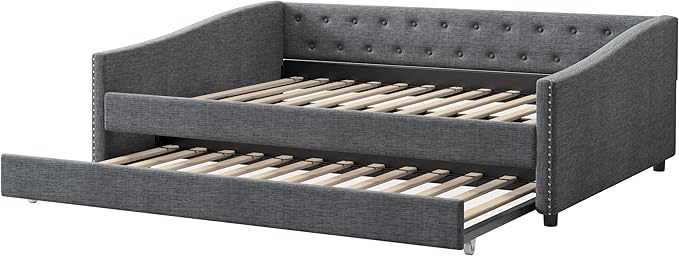 Full Size Daybed with Trundle, Linen Upholstered Tufted Sofa Day Bed Frame with Button, Waved Shape Arms & Nailhead, Wooden Slats Support for Apartment,Bedroom - LeafyLoom