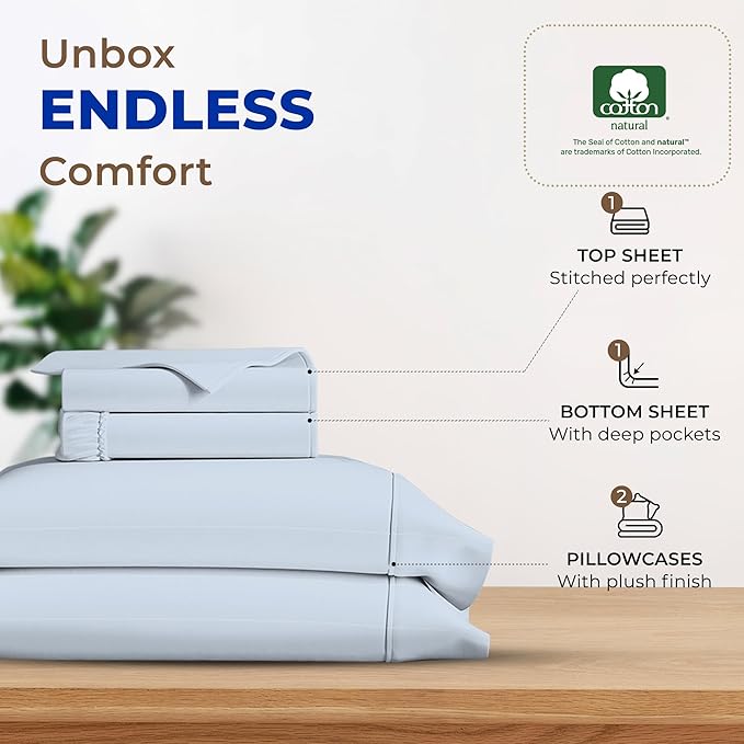 THREAD SPREAD 100% Egyptian Cotton Sheets Twin - 600 Thread Count Sheets Twin, 3 PC Deep Pocket Twin Sheets, Soft, Cooling Sateen Weave Extra Long Twin Sheets for Dorm, 16 in Deep Pocket - Light Blue - LeafyLoom