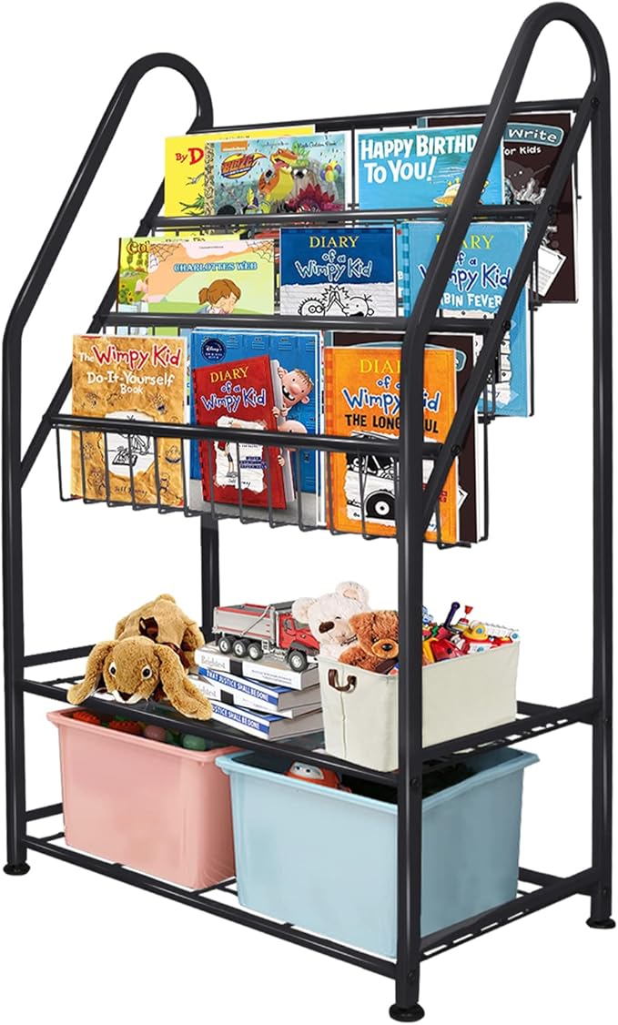 aboxoo Metal Kids Bookshelf Black Toy Chests & Organizers Large Freestanding for Children Toy Chests & OrganizersRoom 25 in Toy Organizer Large Stable Bookcase Bookstore Library Bed Living Room - LeafyLoom