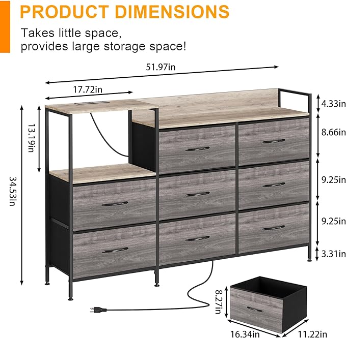 MOOACE TV Stand with Charging Station, 52'' Long TV Stand with 8 Storage Drawers and Open Shelves, Chests Dresser for Bedroom, Living Room, Light Gray - LeafyLoom