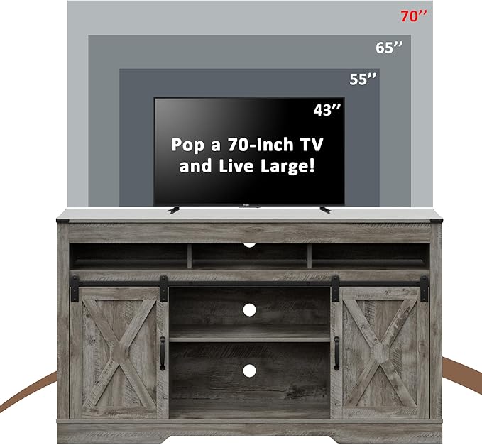 Farmhouse Stand for TVs up to 65+ Inch Tall Entertainment Center with Sliding Barn Door, Console Storage Cabinet for Bedroom, Living Room, Light Grey - LeafyLoom