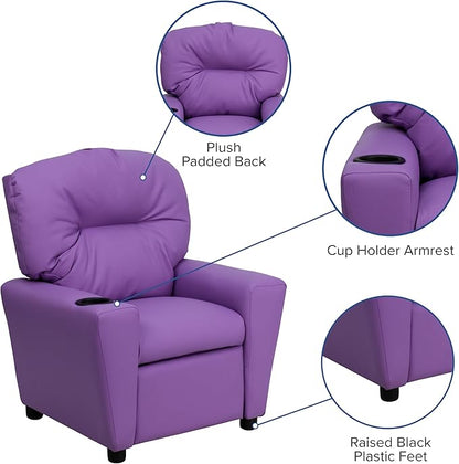 Flash Furniture Chandler Vinyl Kids Recliner with Cup Holder and Safety Recline, Contemporary Reclining Chair for Kids, Supports up to 90 lbs., Lavender - LeafyLoom