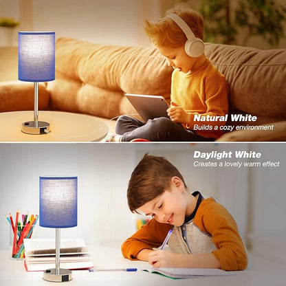 Blue Bedside Table Lamps for Bedroom Set of 2 - Touch Nightstand Lamp with USB-A+C Charging Ports & AC Outlet - 3 Way Dimmable Small Desk Lamp White for Office, Living Room, Reading - LeafyLoom