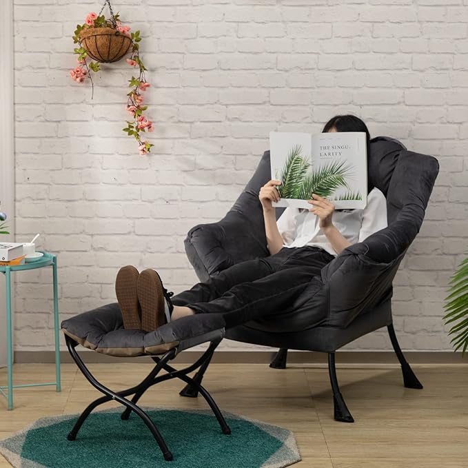 AbocoFur Fabric Lazy Chair with Foldable Ottoman, Accent Comfy Lounge Arm Chair and Folding Footrest Stool Set, Leisure Sofa Reading Chair and Footstool for Living Room, Bedroom, Dorm, Smoky Grey - LeafyLoom