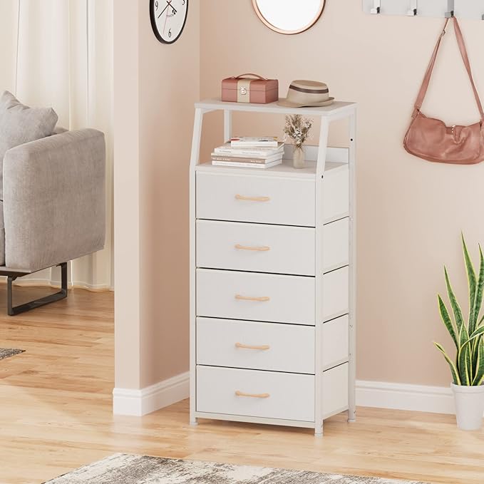 Furnulem White Dresser with 5 Drawers, Vertical Storage Tower Fabric Dresser for Bedroom, Hallway, Entryway, Nursery, Closet Organizer, Nightstand Bedside Table Furniture, Sturdy Steel Frame, Wood Top - LeafyLoom