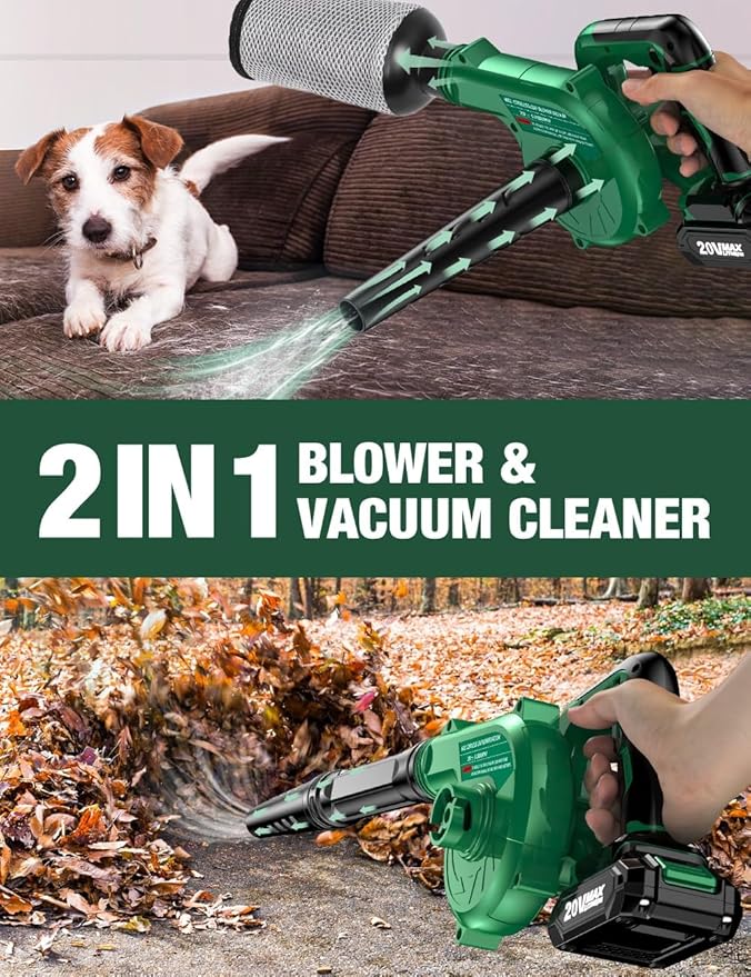 K I M O. Cordless Leaf Blower Vacuum Combo 4 IN 1, 3 Nozzles for Inflation & Compression,3 Modes & Variable Speed, 20000RPM 150MPH, 2X2.0Ah Battery, Extended Tube, Mini Leaf Blowers for Lawn Care|Yard - LeafyLoom