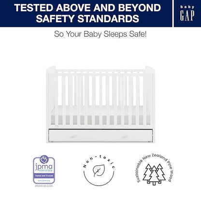 Delta Children babyGap Graham 4-in-1 Convertible Crib with Storage Drawer + Brannan Bear Bookcase with Bins + Brannan Bear Wall Shelf with 4 Hooks, Bianca White (Bundle) - LeafyLoom