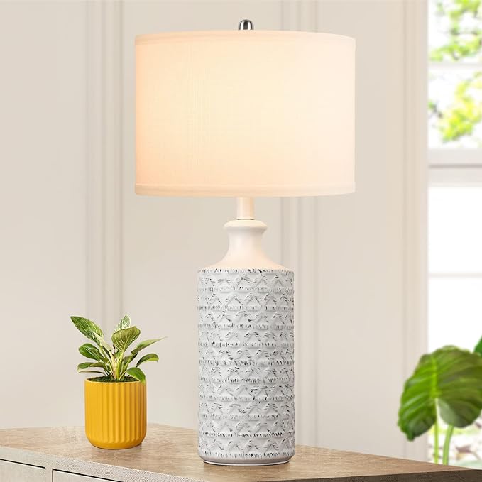 Brightever Farmhouse Ceramic Table Lamp, Modern Tall Desk Lamp for Bedroom with White Fabric Shade, Rotary Bedside Nightstand Lamp for Living Room, Office, Study, Bulb not Included - LeafyLoom