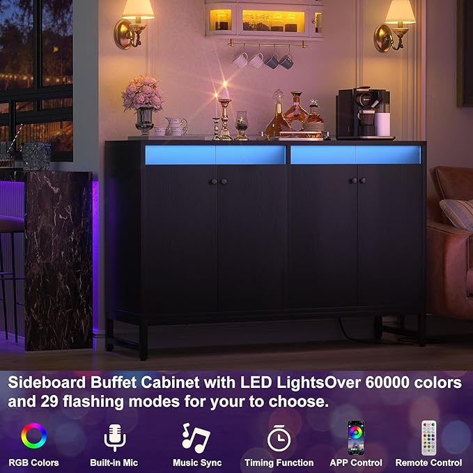 Aheaplus Sideboard Buffet Cabinet with Power Outlet, Kitchen Storage Cabinet with LED Light & Doors, Accent Cabinet Cupboard Buffet Table with Storage for Dining Room, Living Room, Hallway, Black - LeafyLoom