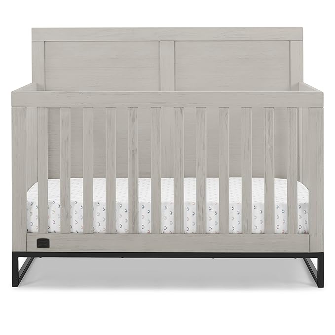 Simmons Kids Foundry 6-in-1 Convertible Baby Crib, Rustic Mist with Matte Black - LeafyLoom