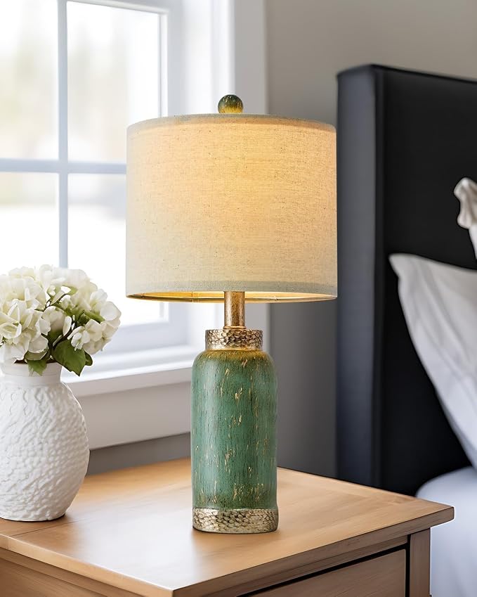 Table Lamp for Bedroom Living Room 20.25" Farmhouse Rustic Vintage Small Lamps Bedside Nightstand Light Home Office Desk Retro Mysterious East Style Deco (Antique Green) - LeafyLoom