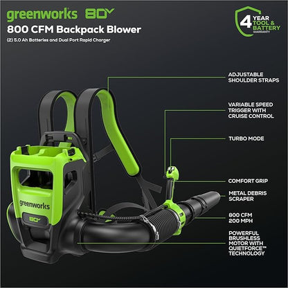 Greenworks 80V (800 CFM) Dual Port Backpack Blower with (2) 5.0 Ah Batteries, Dual Port Rapid Charger - LeafyLoom